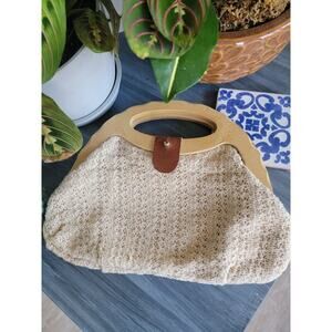Vintage 1970s handmade knit wood leather snap front clutch bag